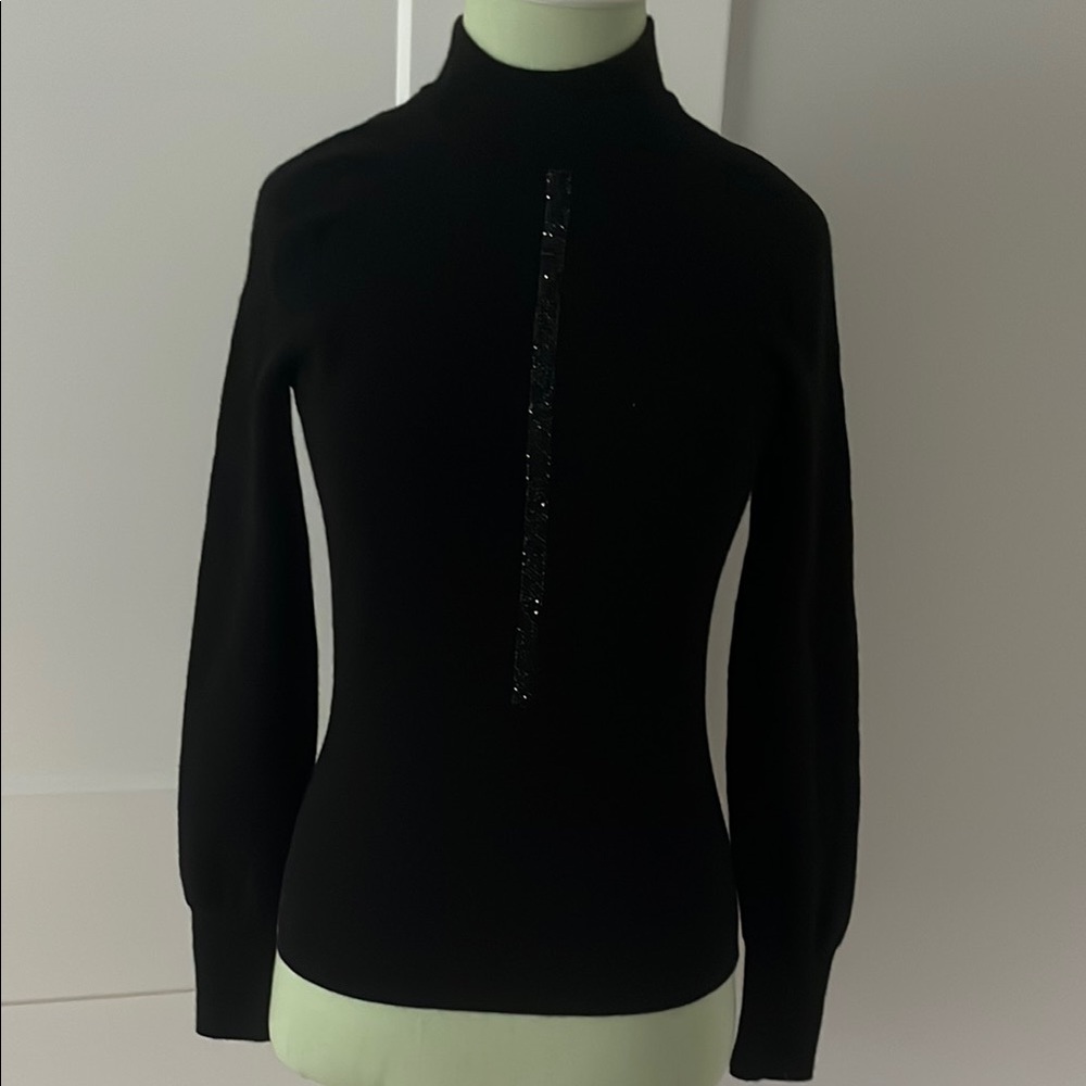 Elie Tahari Black Cowl Turtleneck Sweater with Knit Detail